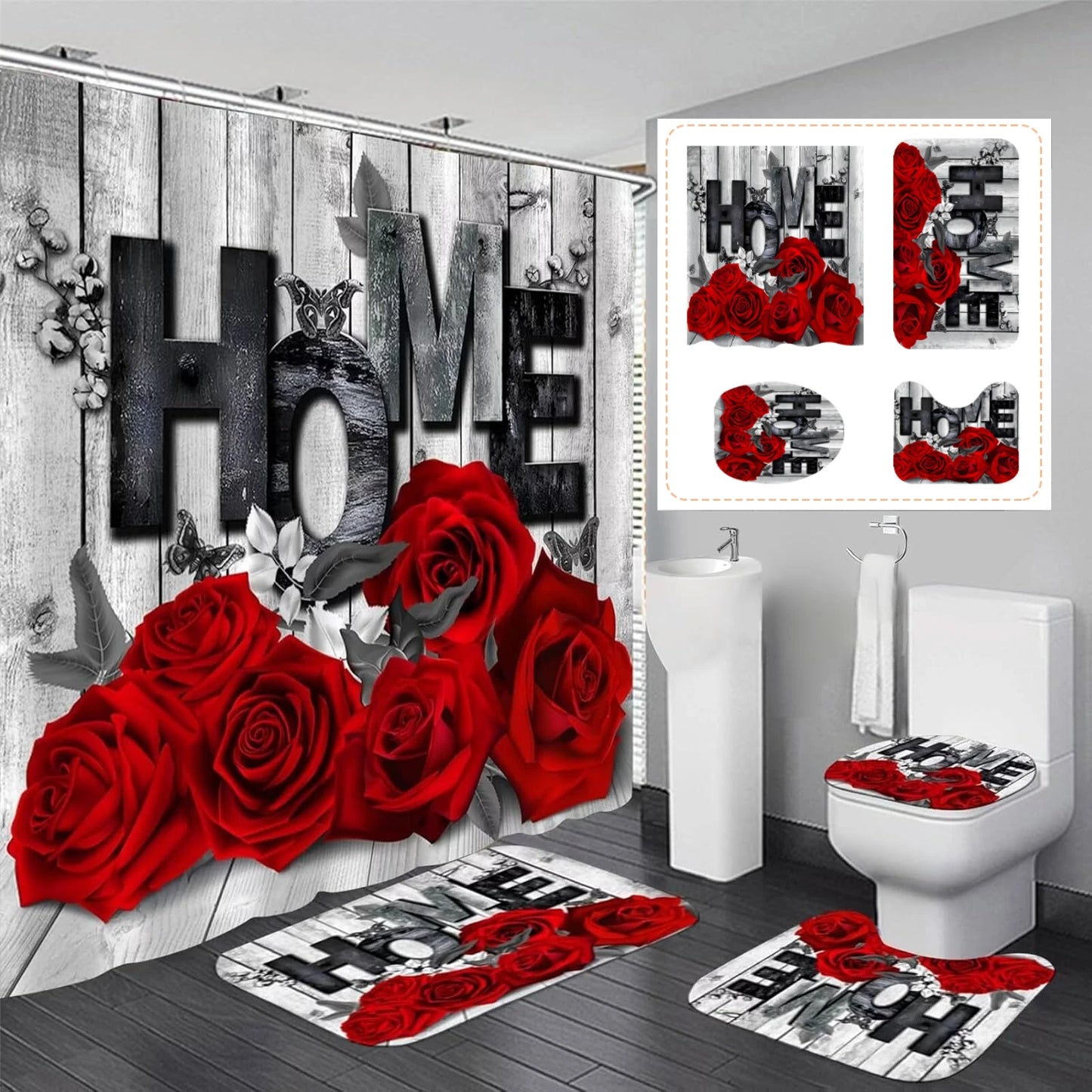 Shower Curtain Set With Bath Mat And Rugs 4 Pieces