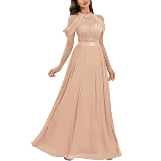 Women's Classic Lace Sleeveless Sequin Contrast Chiffon Bridesmaid Maxi Dress