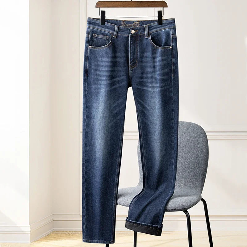 BROWON Brand 2026 Autumn Winter Thick Casual Jeans Men Fashion Dark Blue Straight Streetwear Men Denim Brushed Jeans