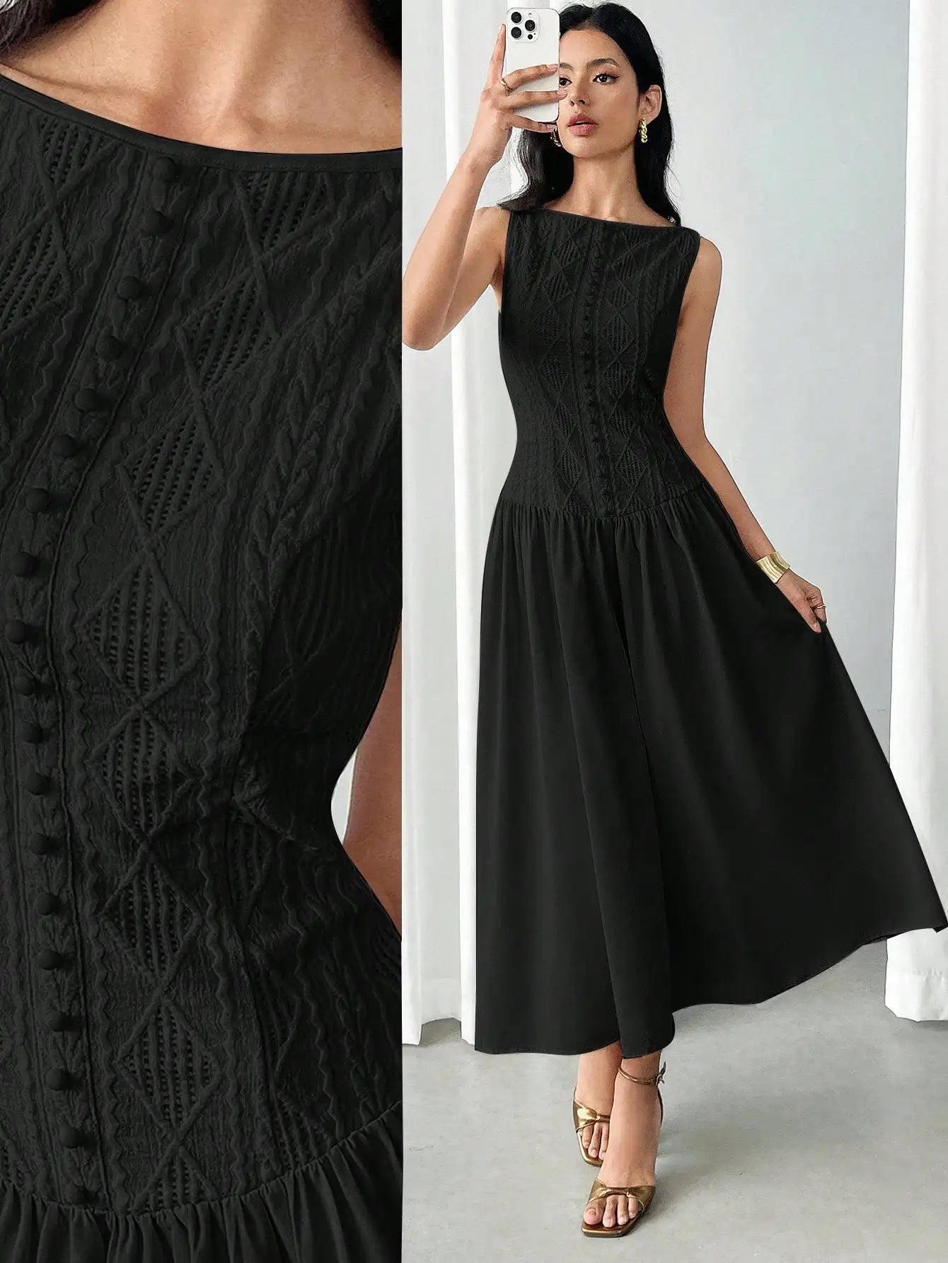 Women's Summer Elegant Solid Color Textured Sleeveless Midi Dress
