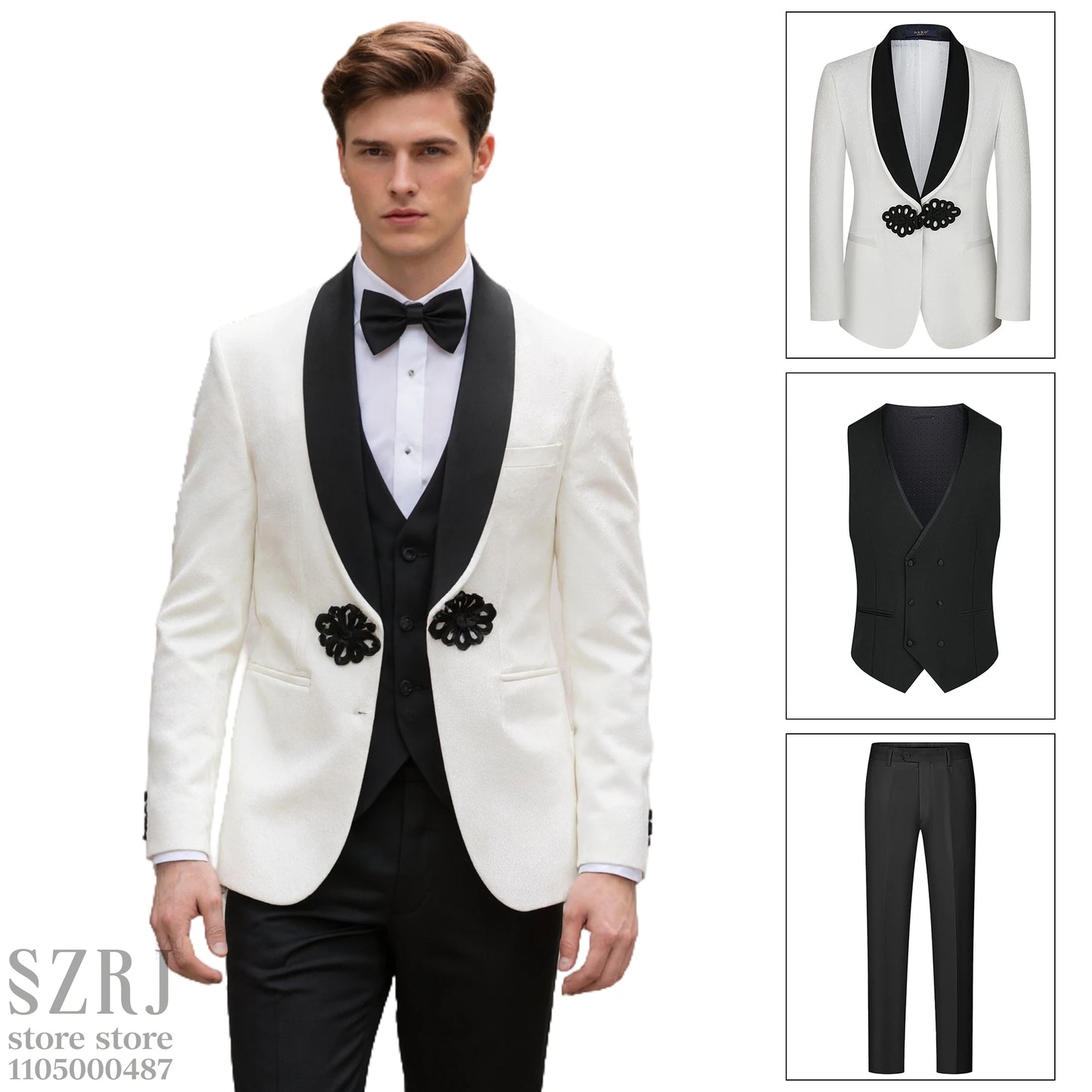 Men's Formal Tuxedo Set With Shawl Collar, Vest And Trousers