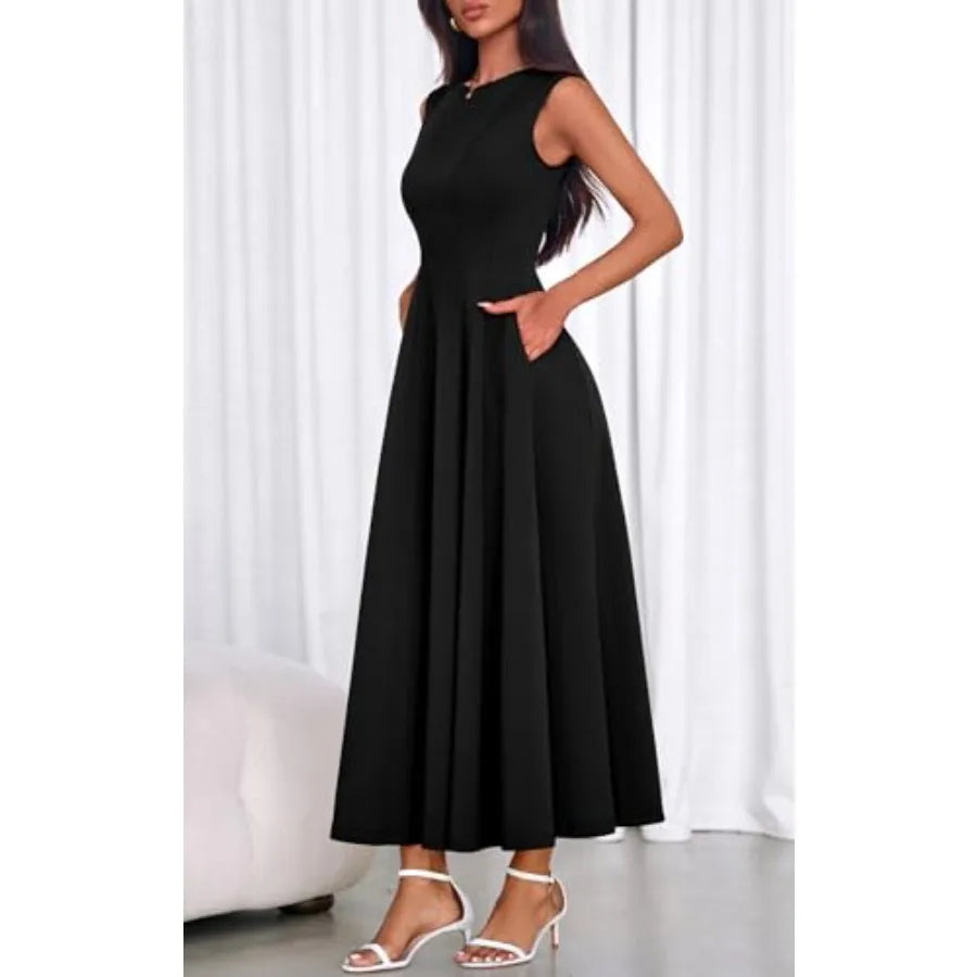 PRETTYGARDEN Sleeveless Crewneck Summer Maxi Dresses for Women 2026 Elegant Classy Semi Formal A Line Modest Party Dress