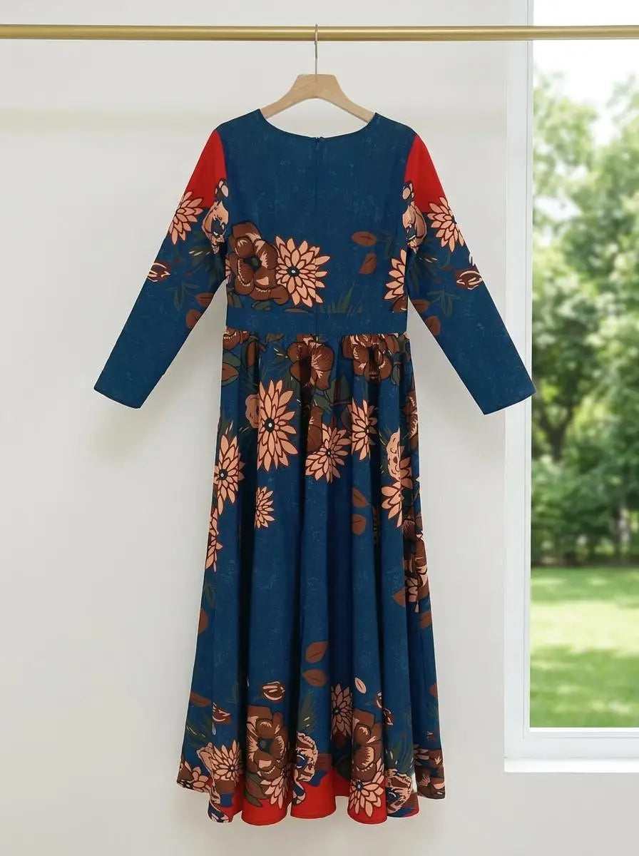 Women's V Neck Long Sleeve Color Block Floral Print Flowy Maxi Dress For Travel Dinner Outdoor Weekend Fashion Occasions