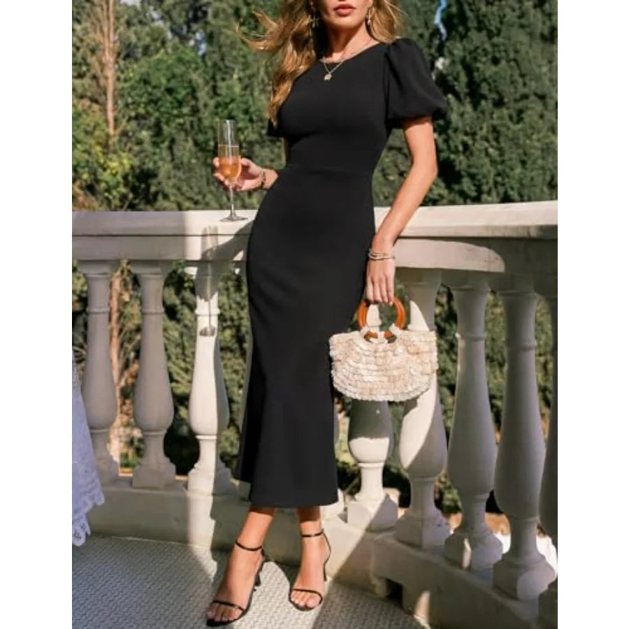 ZESICA Women's Summer Short Sleeve Bodycon Midi Dress 2026 Spring Elegant Formal Wedding Guest Cocktail Party Dresses