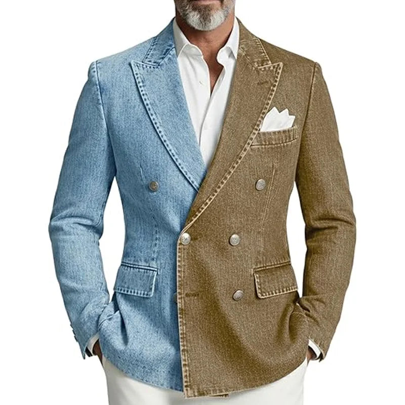 Denim Men's Suit Jacket Double Breasted Peak Lapel Slim Fit Casual Blazer Outing Date Night Trendy Party Fashion Costume Homme