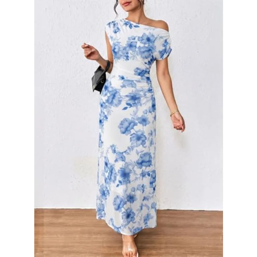 BLENCOT Women's Floral Off Shoulder Maxi Dress Ruched Bodycon Summer Wedding Guest Party Gown