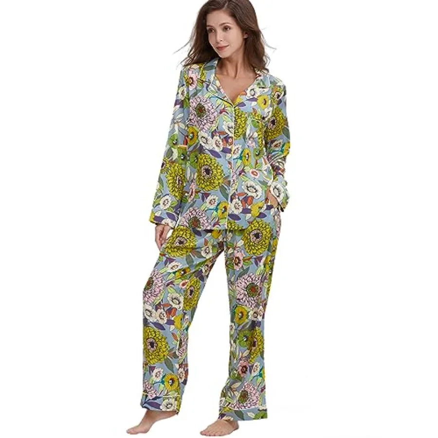 YiNi LuLu Womens Silk Satin Pajamas Set Button Down 2 Pcs Pjs Long Sleeve Oversized Sleepwear with Pockets