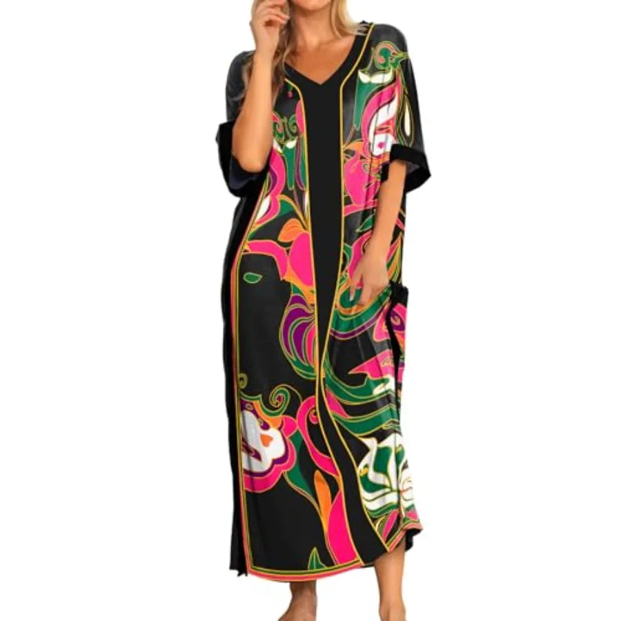 Bloggerlove Women Nightgowns Cotton Caftan House Dress Short Sleeve Sleepwear Vacation Beach Moo Moos Dress with Pockets
