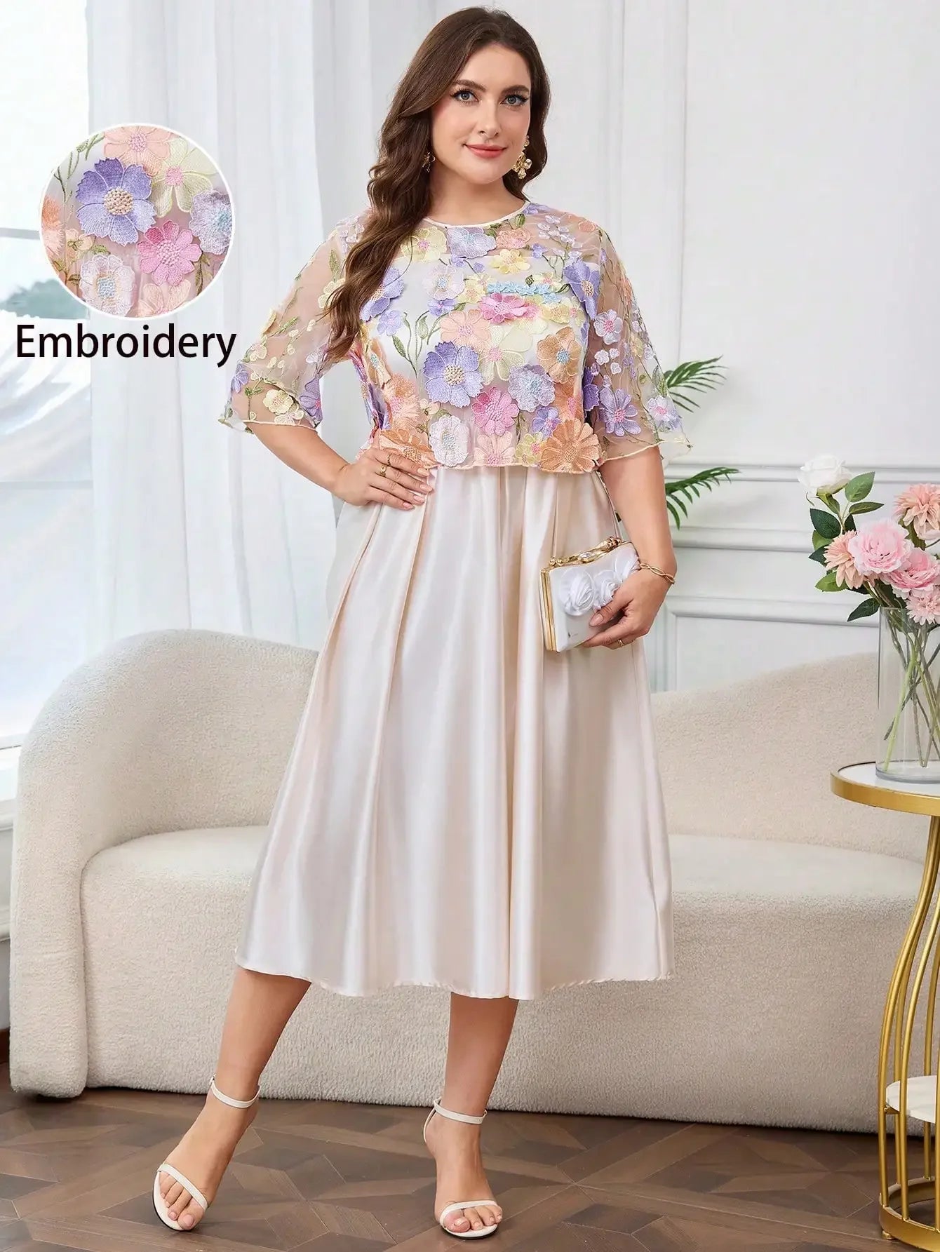 Plus Size Floral Embroidery Elegant Round Neck Midi Dress For Spring Summer