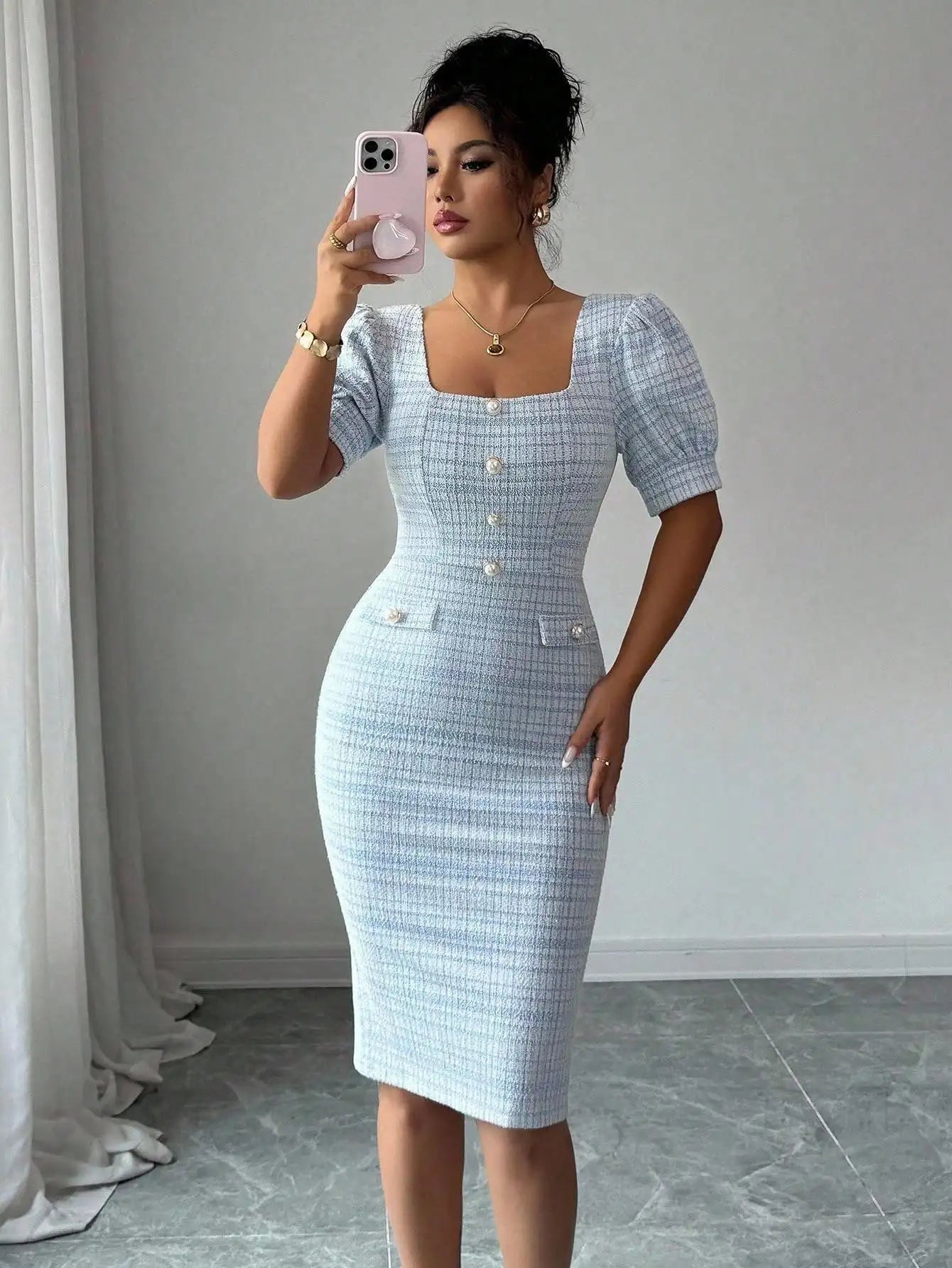 Elegant Plaid Puff Sleeve Square Neck Bodycon Dress For Women