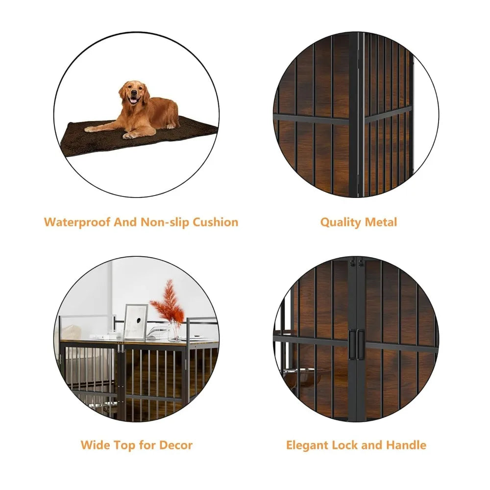 Large Dog Crate 360° Adjustable Raised Feeder Stainless Steel Bowls End Table Indoor 41x24x36 Brown, Custom