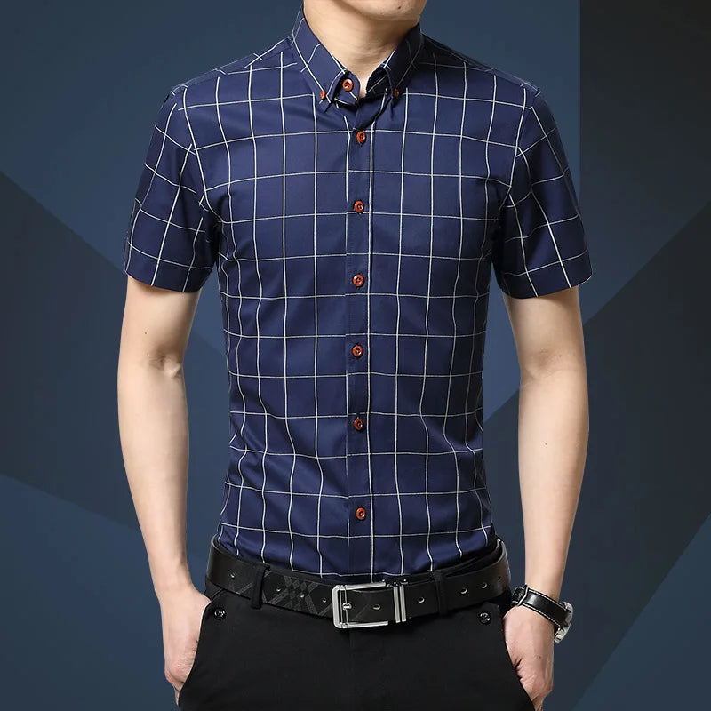 BROWON Men Plaid Short Sleeve Business Casual Shirt