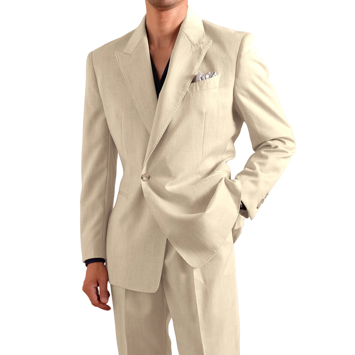 Men's Lightweight Linen 2-Piece Suit Set Peak Lapel Single Button Blazer Trousers Slim Fit Formal Summer Wedding Business Casual