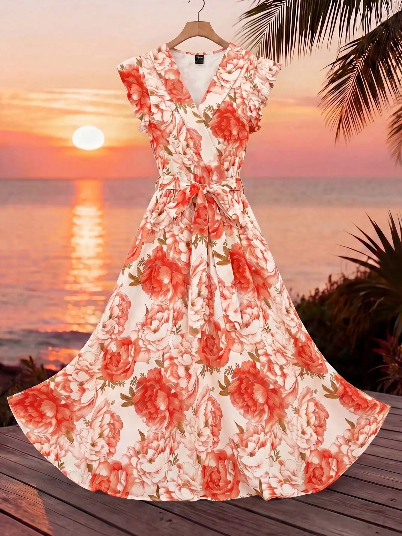 Elegant Floral Print Wrap Dress With Ruffle Sleeves And Sash Belt Summer
