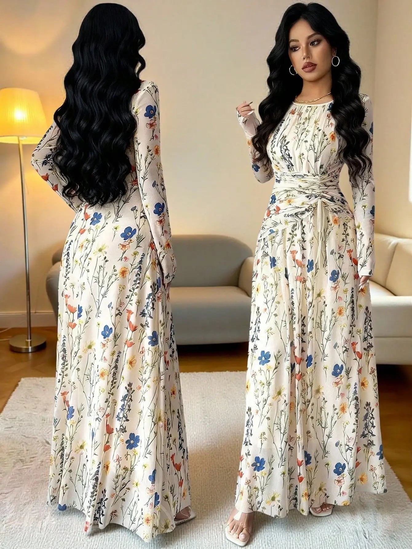 Elegant Floral Print Long Sleeve Maxi Dress With Drawstring Waist