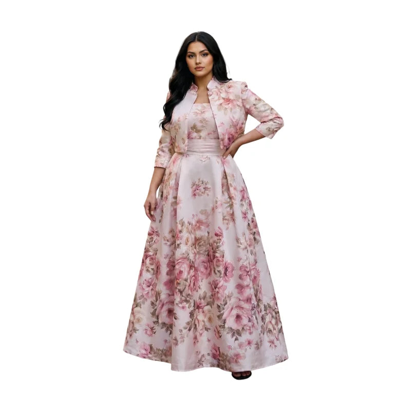 Women's Stand Collar 3/4 Sleeve Crop Coat Floral Print Maxi Dress Set For Wedding Guest Garden Daily Occasions