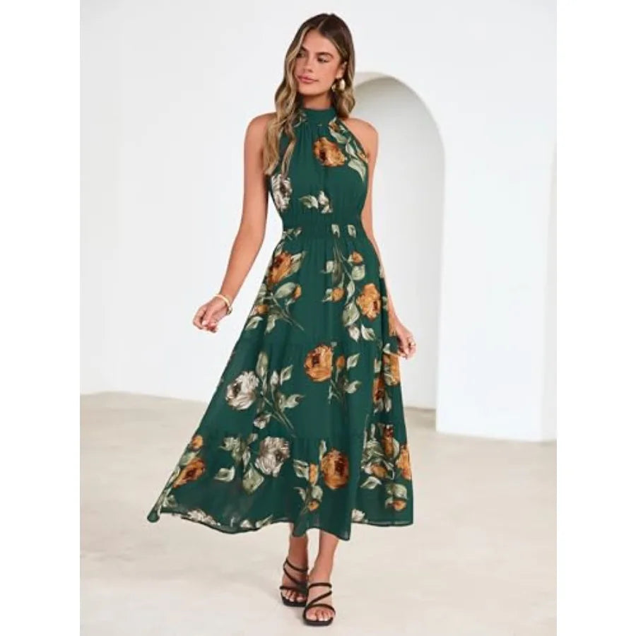 Simplee Womens Summer Halter Wedding Guest Dress Maxi Floral Vacation Boho Sundresses Flowy Formal Long Travel Dresses 2026