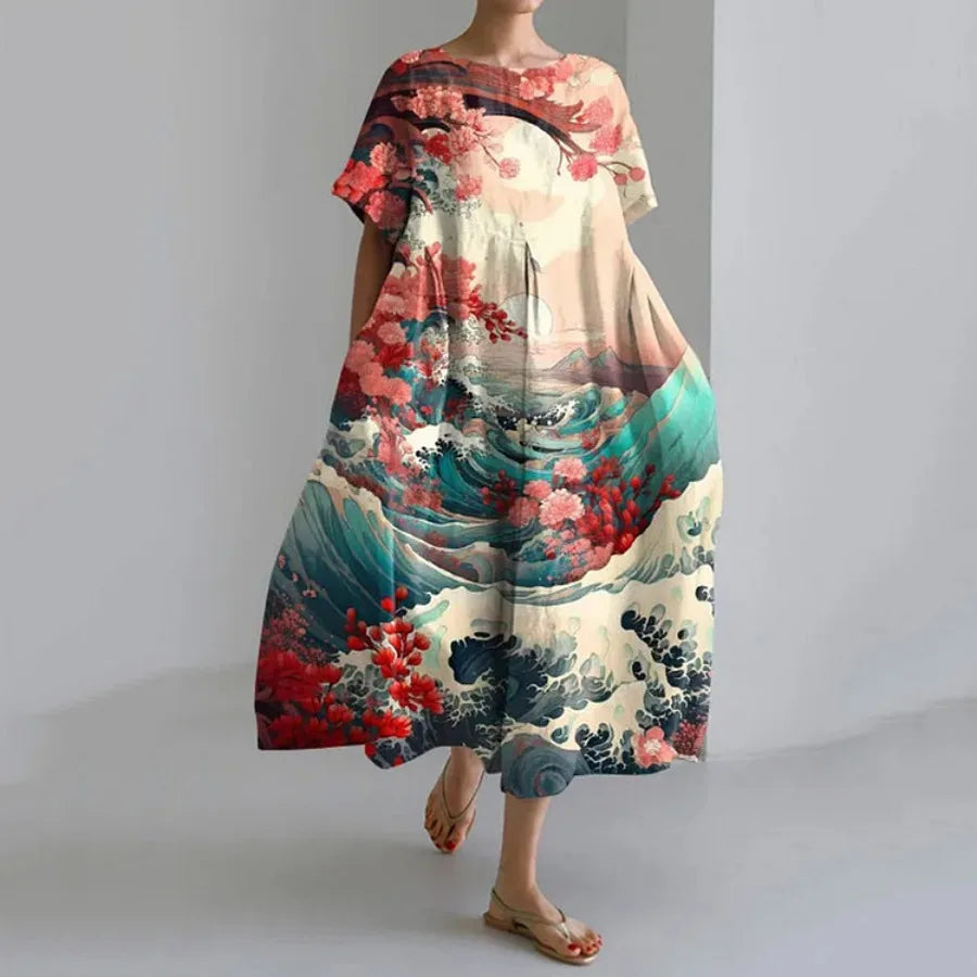 【New style】 - summer new European and American women's clothing loose round neck fashionable high-end short-sleeved printed dre