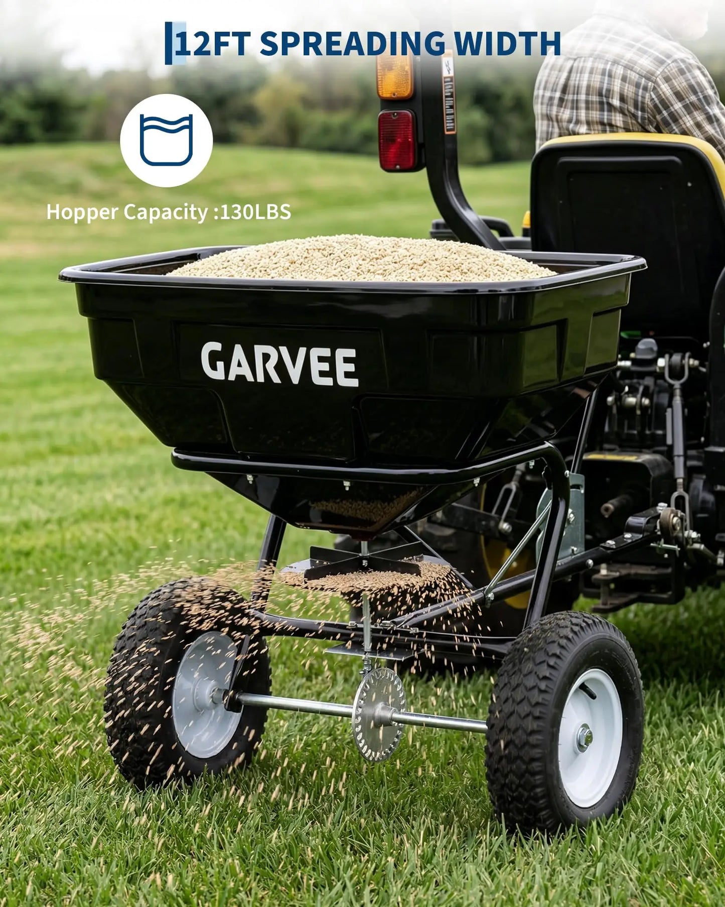 130LBS Universal Tow Push Garden Broadcast Spreader 10FT Lawn Seed Fertilizer Salt Spreader 13in Pneumatic Tires ATV Tractor Fit