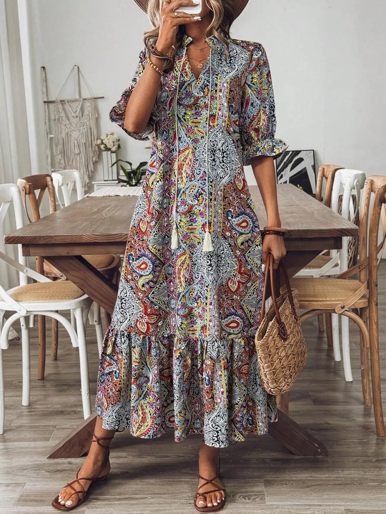 Bohemian Printed Mid-Sleeve Dress With Tassel Tie Neck Ruffle Hem Loose Maxi Dress