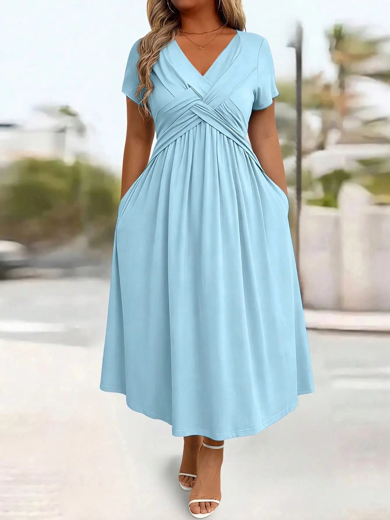 Casual Solid Color Twist Front A-Line Midi Dress For Women
