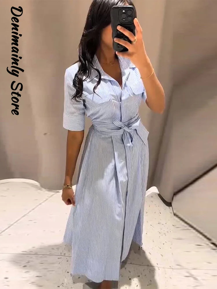 Casual Striped Women Summer Dress Lapel Single Breast Half Sleeve Slim Waist Long Dresses 2026 Autumn Lady Fashion Vacation Robe