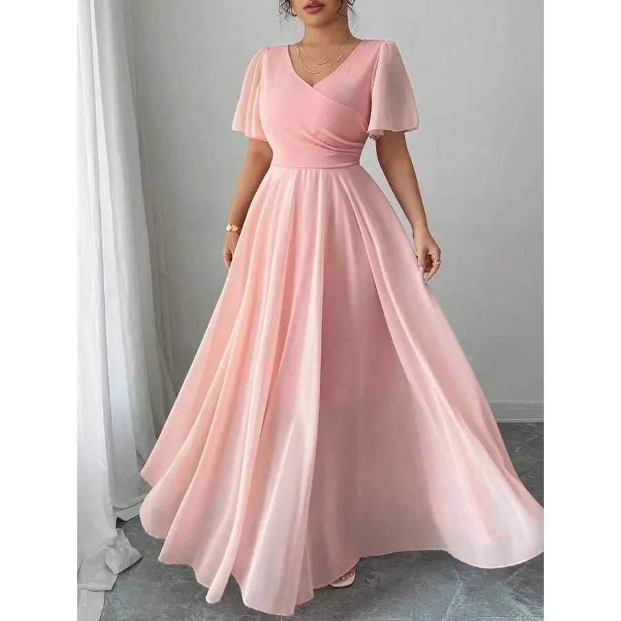【New style】 Elenzya Plus Size Women Chiffon Ruffle Sleeve V-Neck A-Line Dress, Simple Elegant Romantic Graceful Flowing