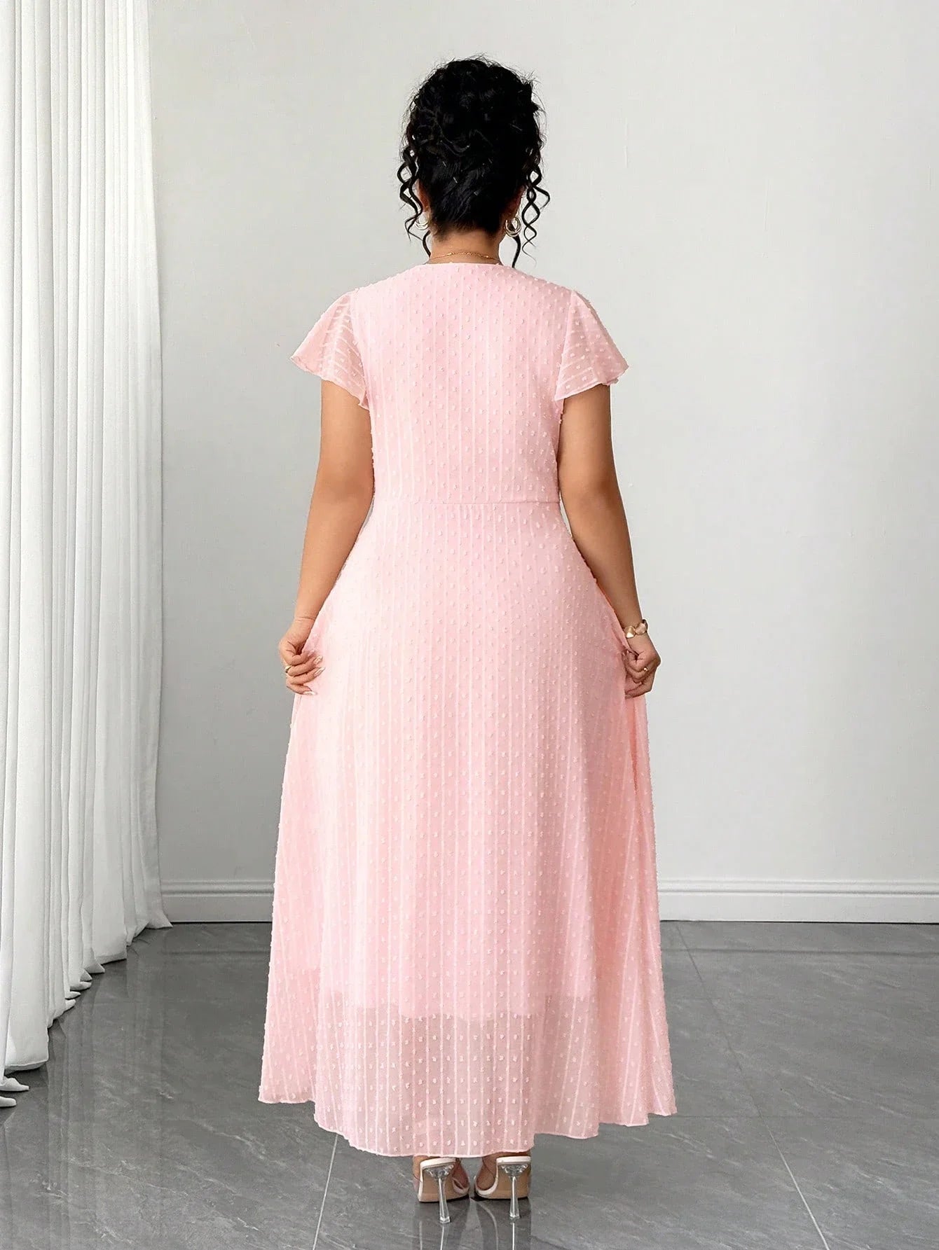 V-Neck Ruffle Sleeve A-Line Midi Dress For Women Spring Autumn
