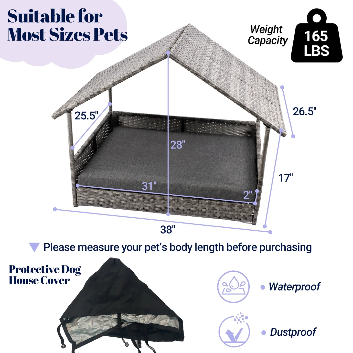 Elevated Wicker Dog House With Canopy Outdoor Water Resistant Cushion