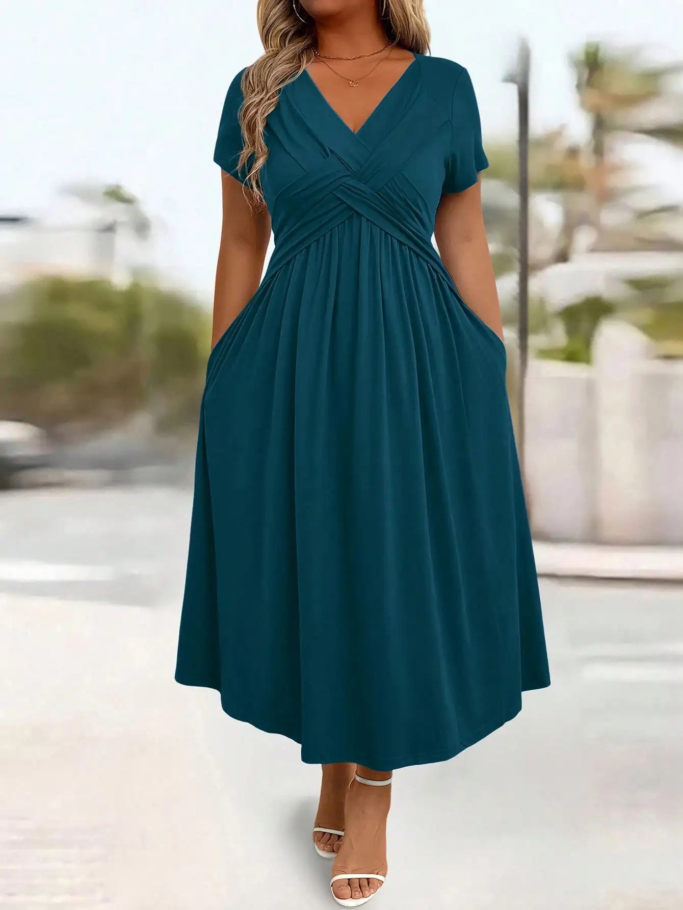 Casual Solid Color Twist Front A-Line Midi Dress For Women