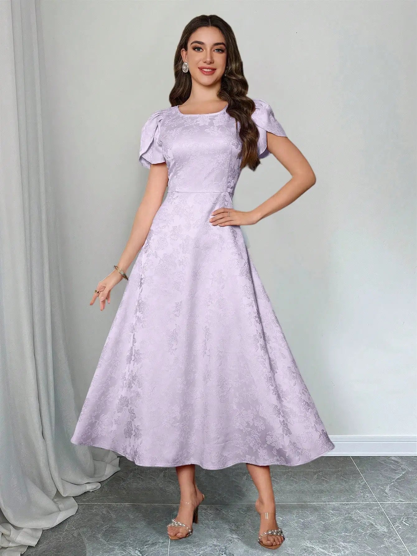 Elegant Round Neck Puff Sleeve Jacquard Floral Dress