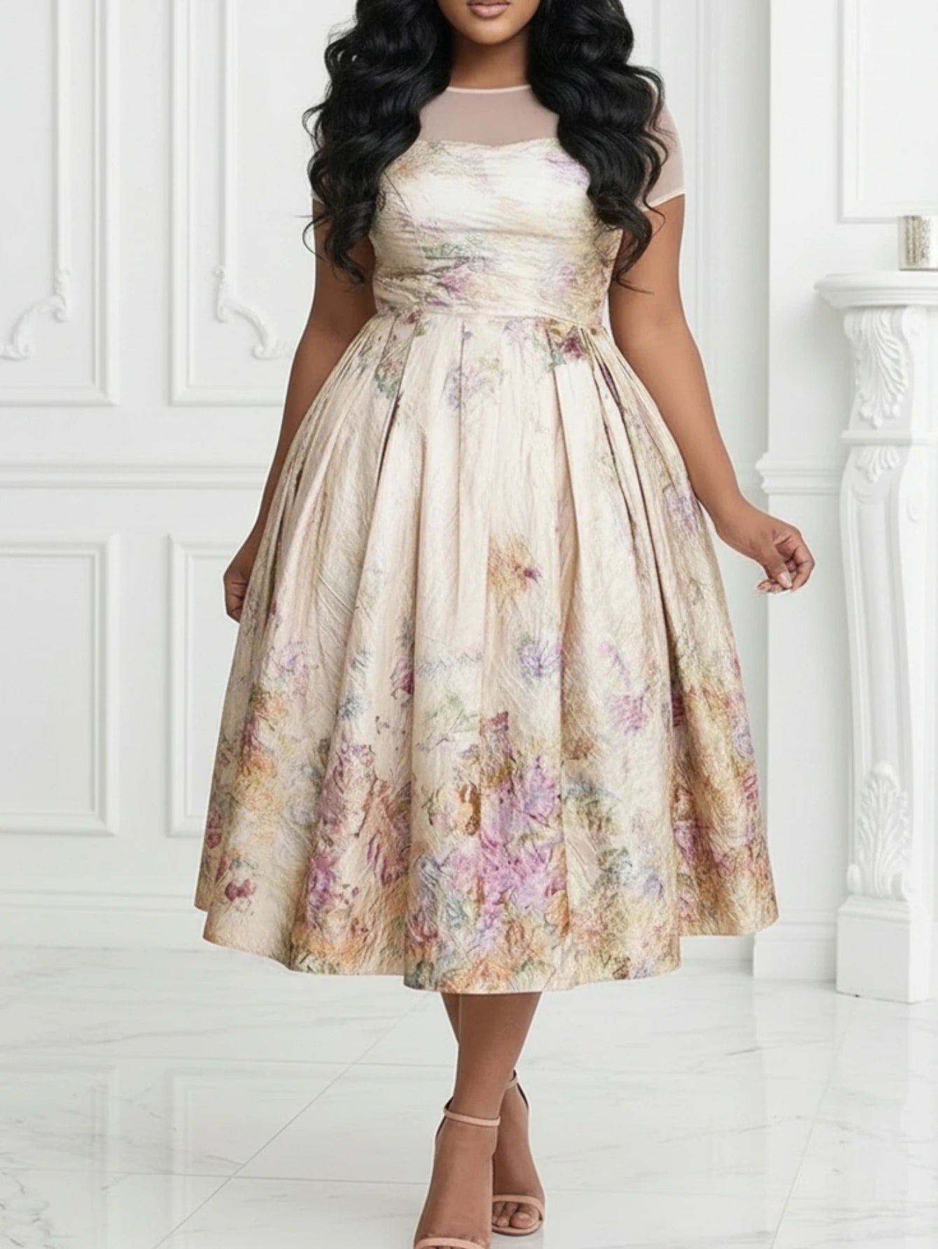 Women's Mock Neck Short Sleeve Printed Pleated Midi Dress For Daily Banquet Wedding Guest Gentle Fashion Occasions