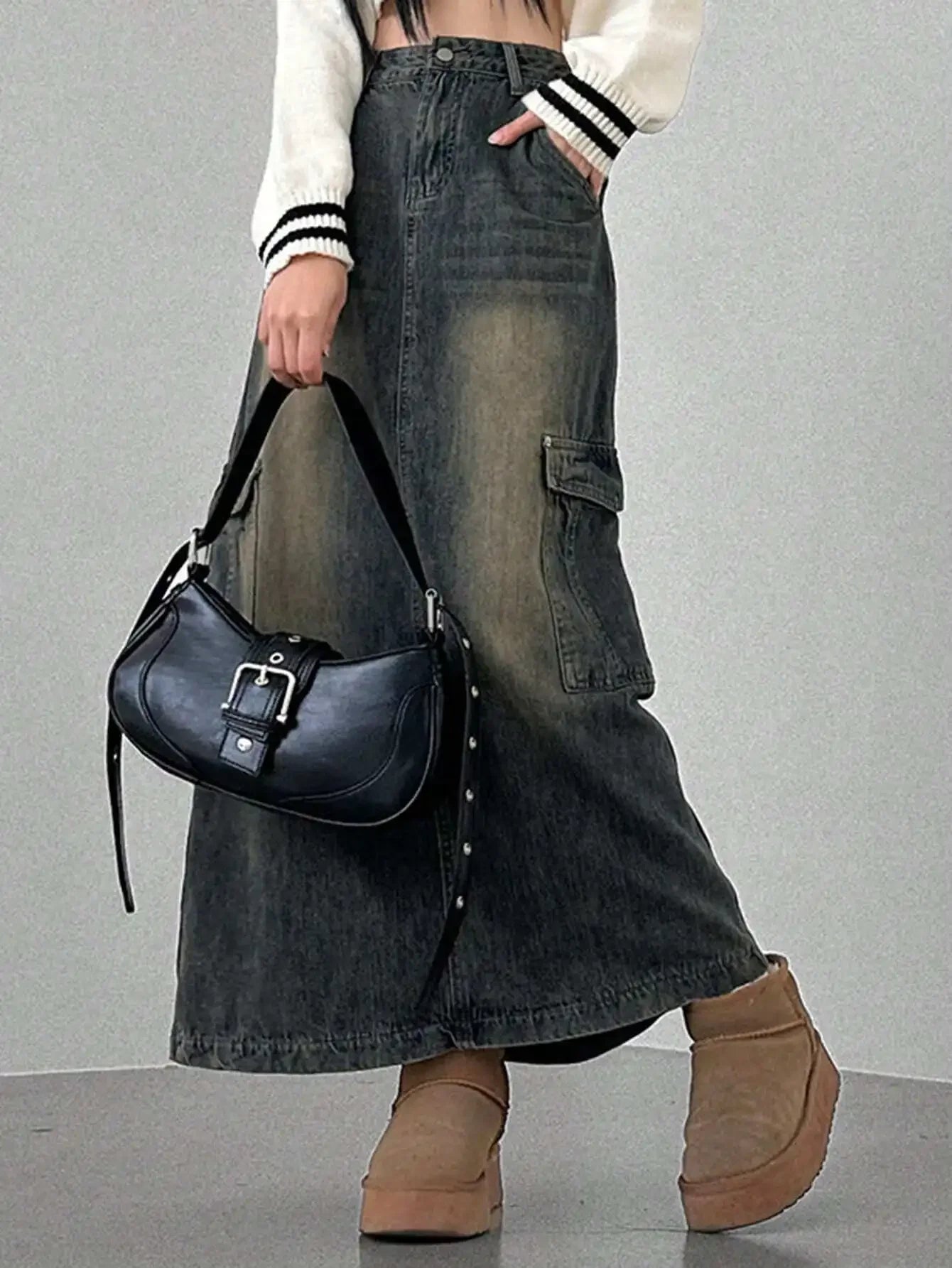Women's Distressed Cargo Pocket Denim Maxi Skirt, Loose Fit, Fall Winter