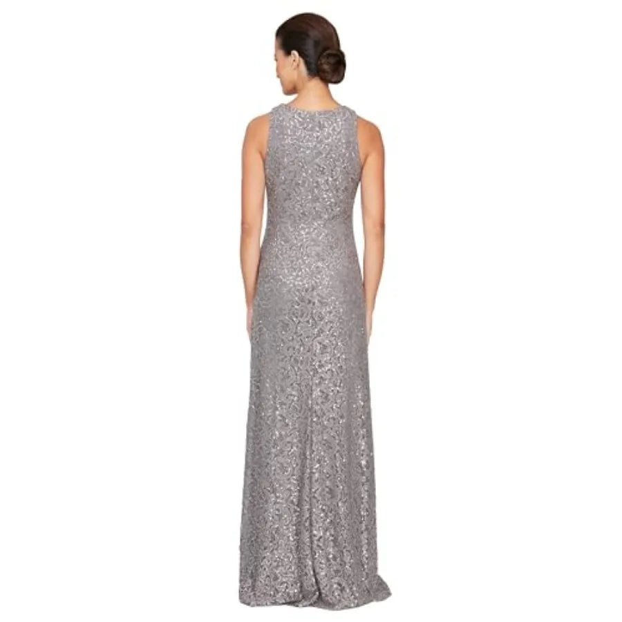 Women's Long Sleeveless Mother of the Bride Dress W/Cascade Ruffle and Front Slit Petite and Regular Sizes