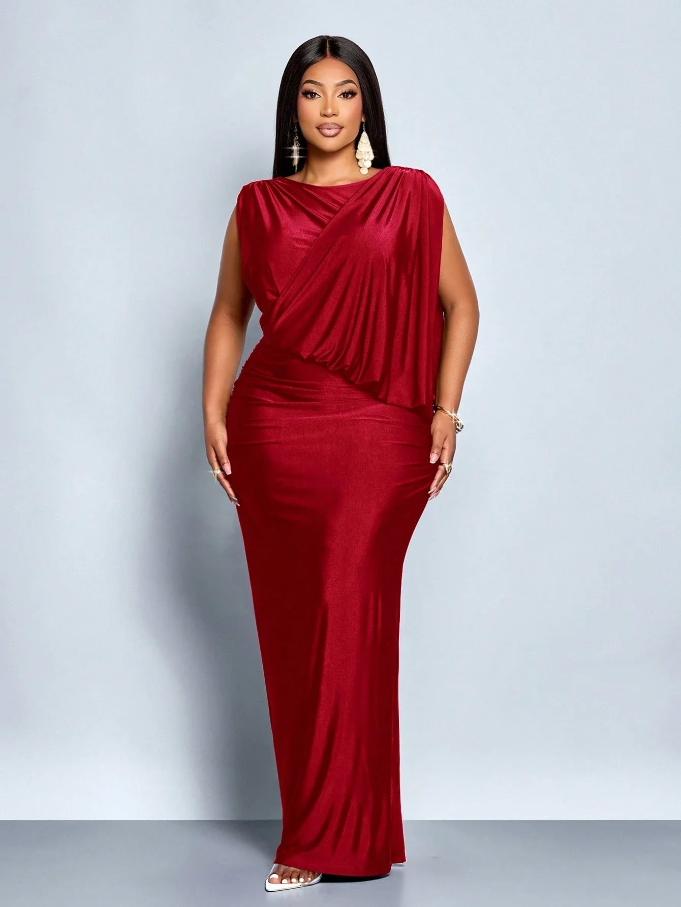 Elegant Red Sleeveless Asymmetrical Draped Maxi Dress With Side Slit For Party Evening Prom