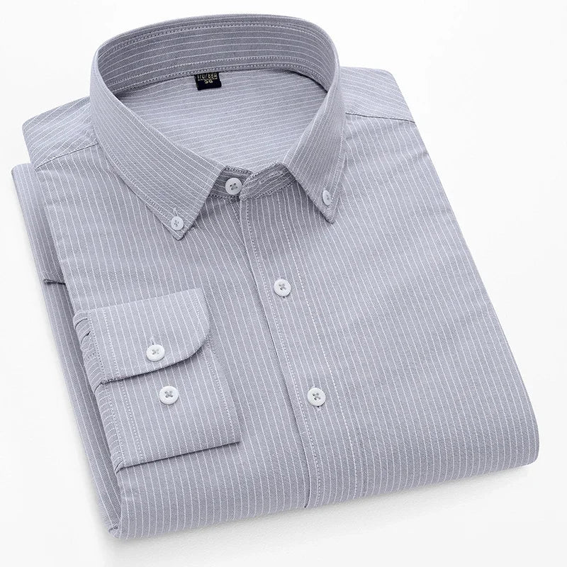 BROWON Men Long Sleeve Cotton Oxford Striped Dress Shirt