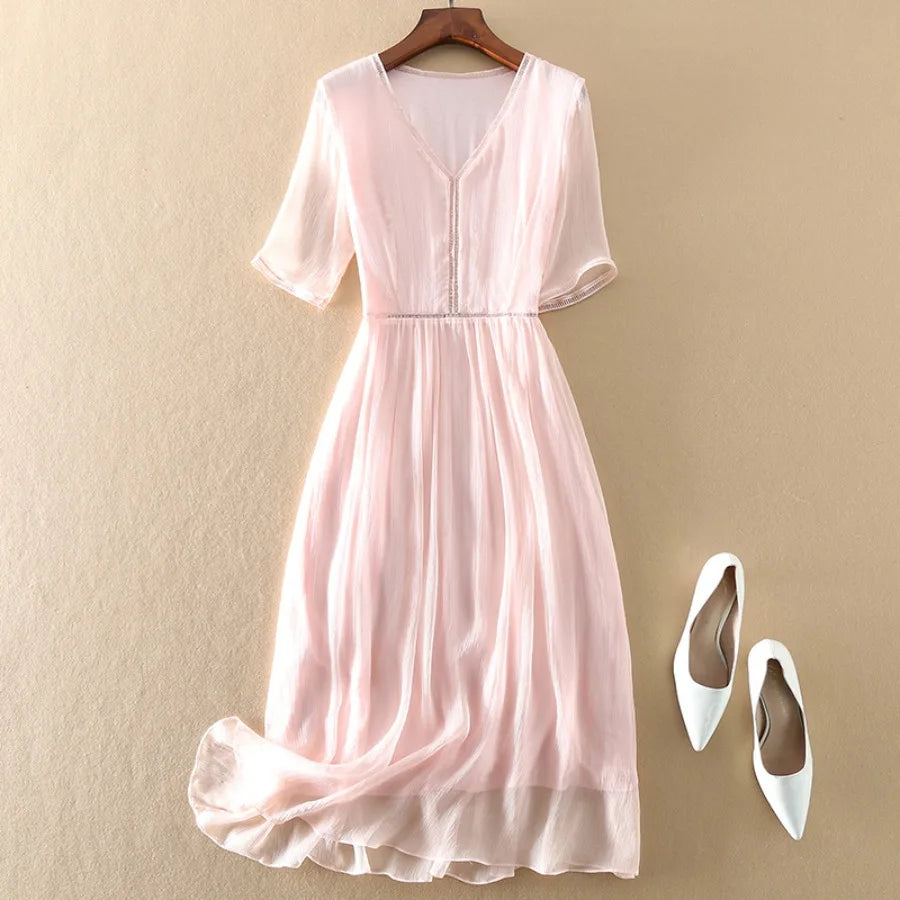【New style】Summer new mulberry silk silk dress women's medium and long slim and high-end feel one piece for  on behalf of China