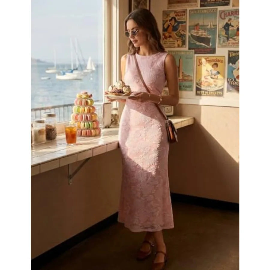 MEROKEETY Women's Summer Wedding Guest Maxi Dress 2026 Sleeveless Floral Bodycon Mesh Cocktail Formal Party Long Dresses