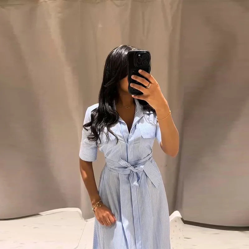 Casual Striped Women Summer Dress Lapel Single Breast Half Sleeve Slim Waist Long Dresses 2026 Autumn Lady Fashion Vacation Robe