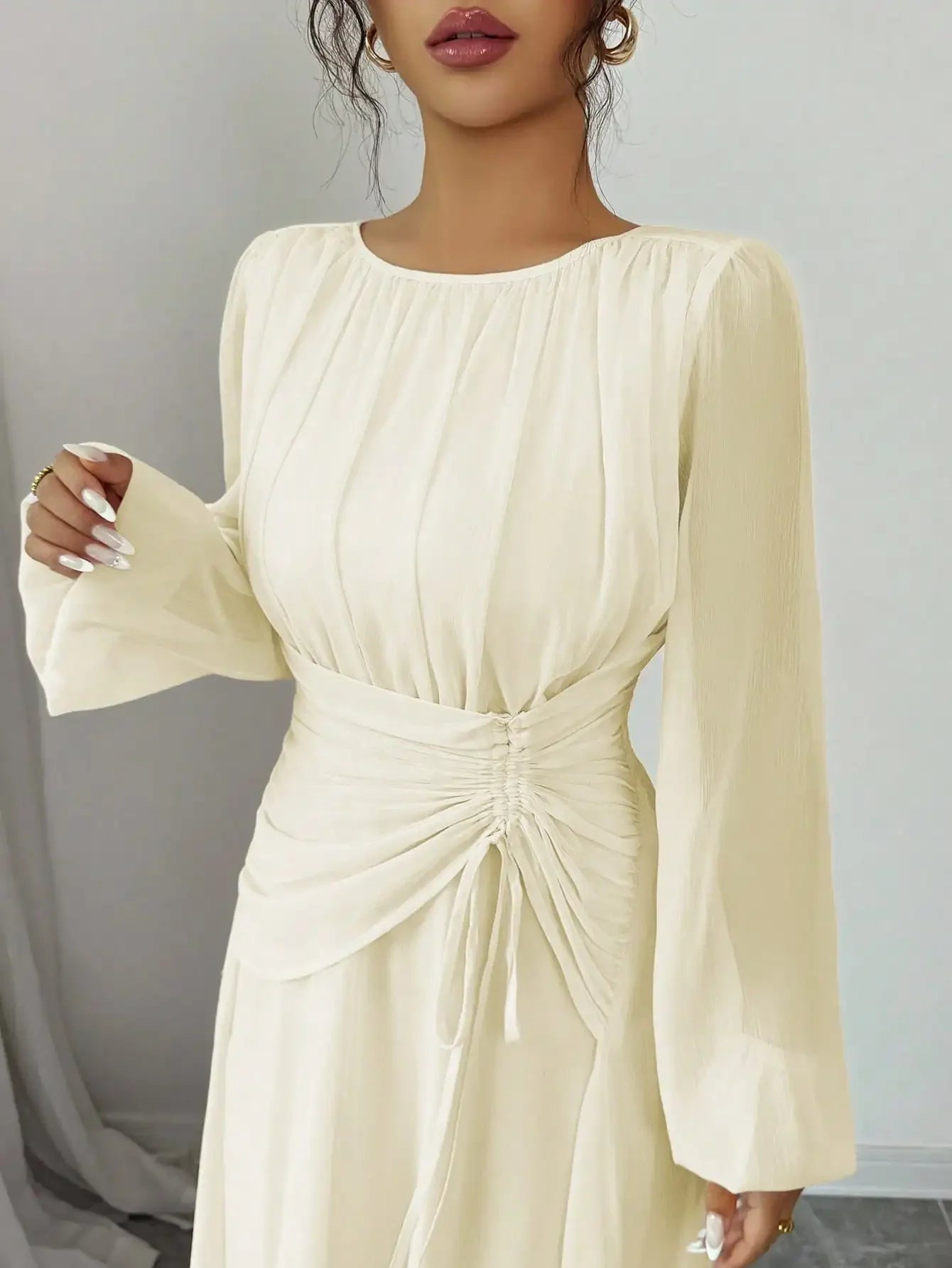 Women's Spring Summer Romantic Elegant Ruched Waist A-Line Long Sleeve Maxi Dress
