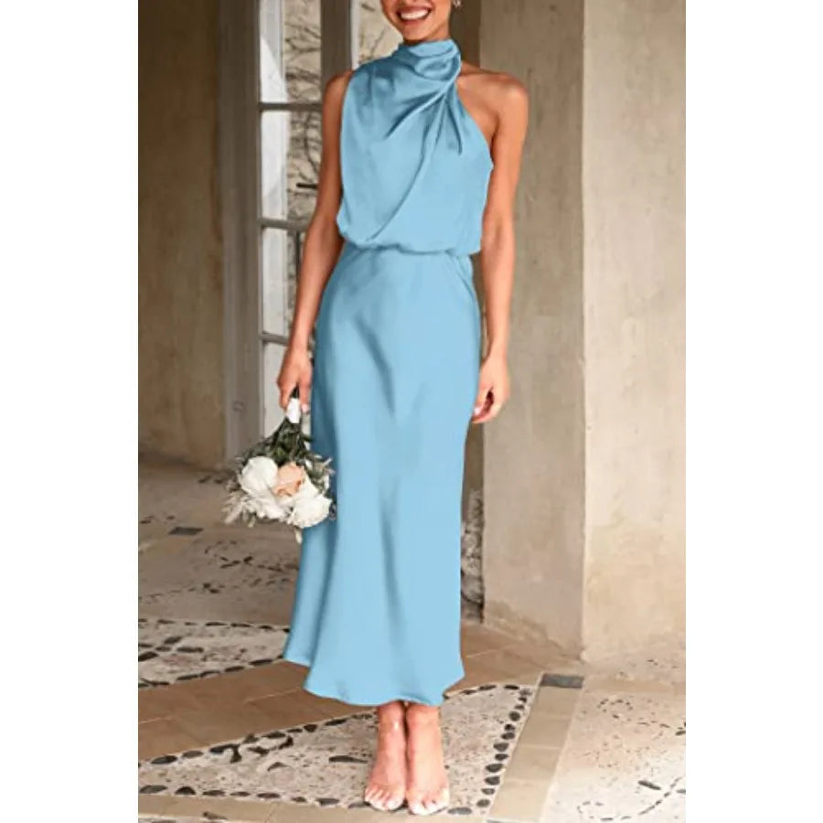 PRETTYGARDEN Women's 2026 Summer Satin Dress Elegant Sleeveless Mock Neck Cocktail Party Maxi Dresses
