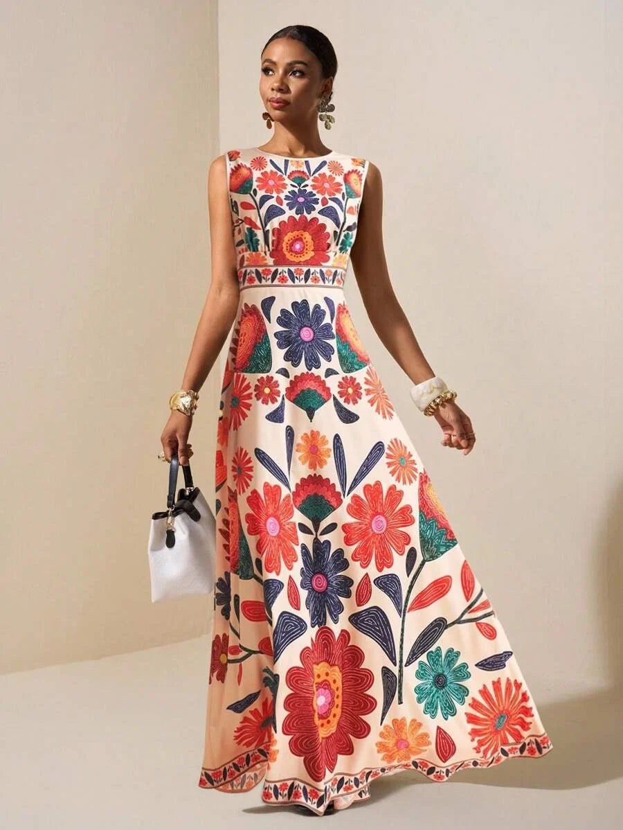 Women Floral Embroidery Maxi Dress Sleeveless Round Neck A-Line Long Dress Summer Beach Wedding Guest Holiday Party Dresses
