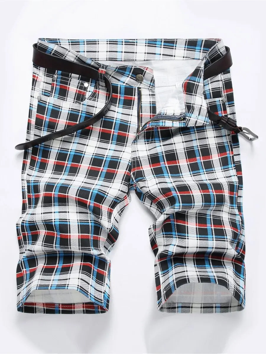 Men Plaid Print Denim Shorts Without Belt