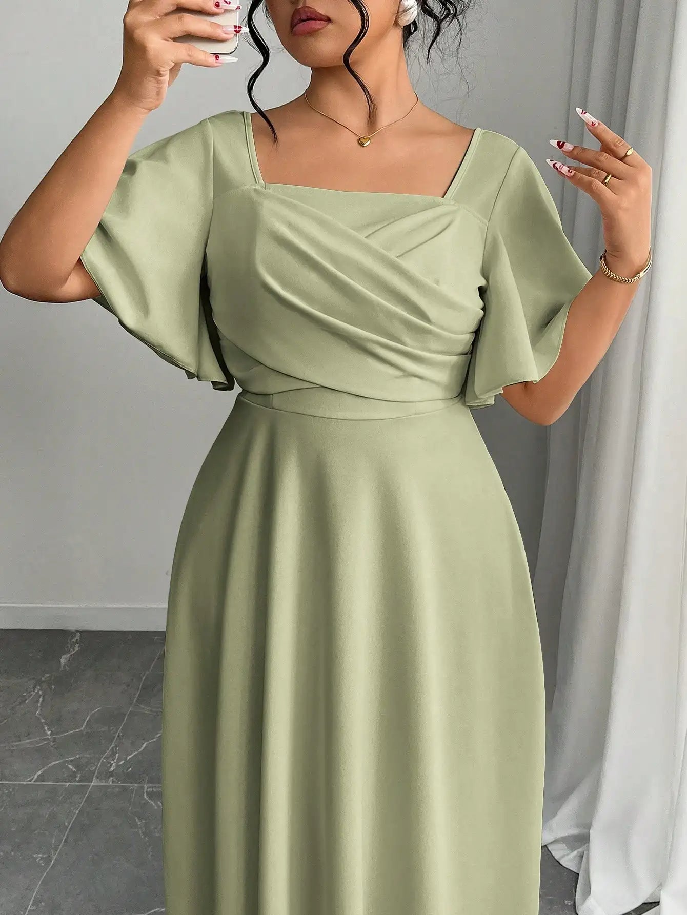Elegant Plus Size Square Neck Draped Waist A-Line Midi Dress