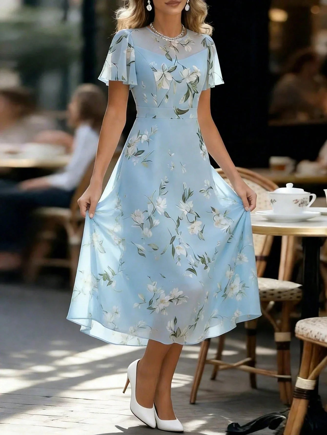 Elegant Blue Chiffon Floral Print Ruffle Sleeve A-Line Dress For Women