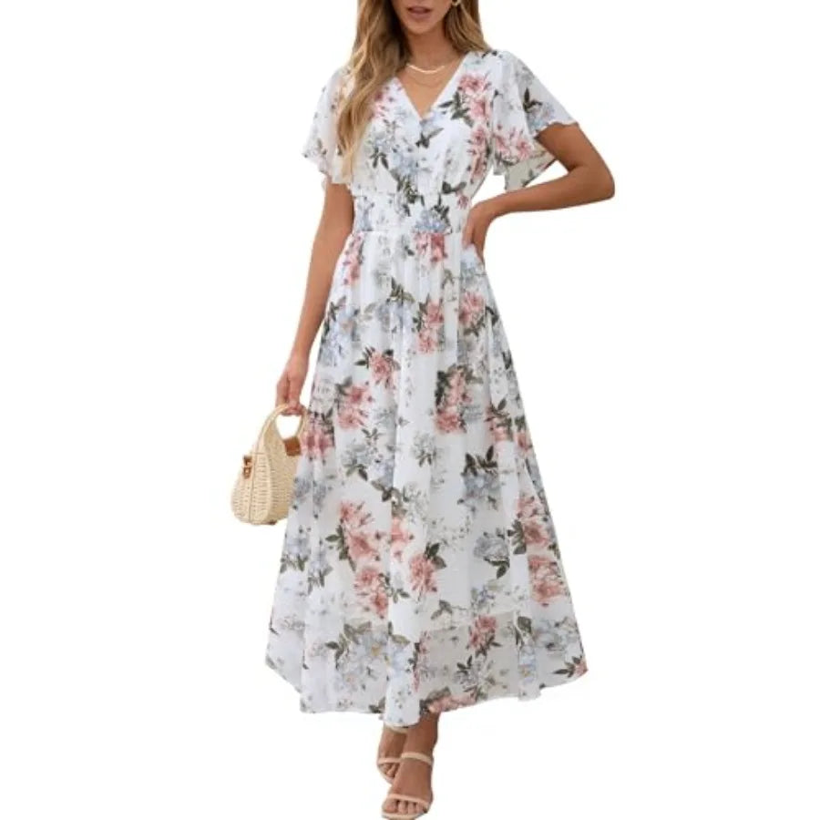 ANRABESS Womens Summer Floral Maxi Dress Casual V Neck Short Sleeve Chiffon Boho Flowy Beach 2026 Wedding Guest Long Dresses