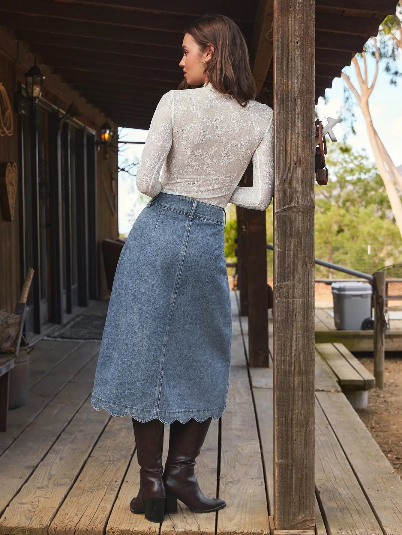 High Waist Scalloped Button Front Denim Midi Skirt For Women