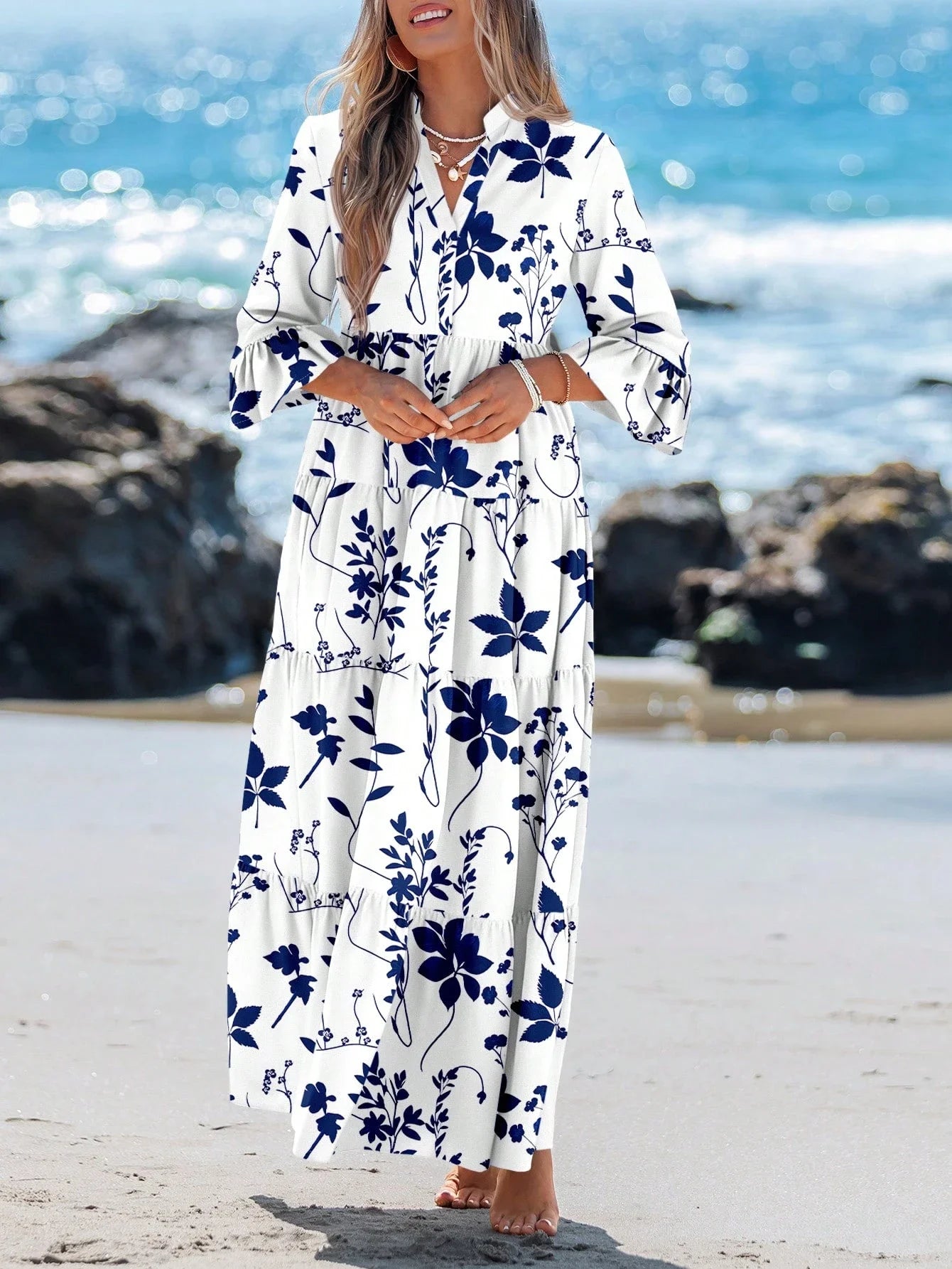 Women's Blue White Floral V-Neck Pleated Long Sleeve Maxi Dress Beach Vacation Summer