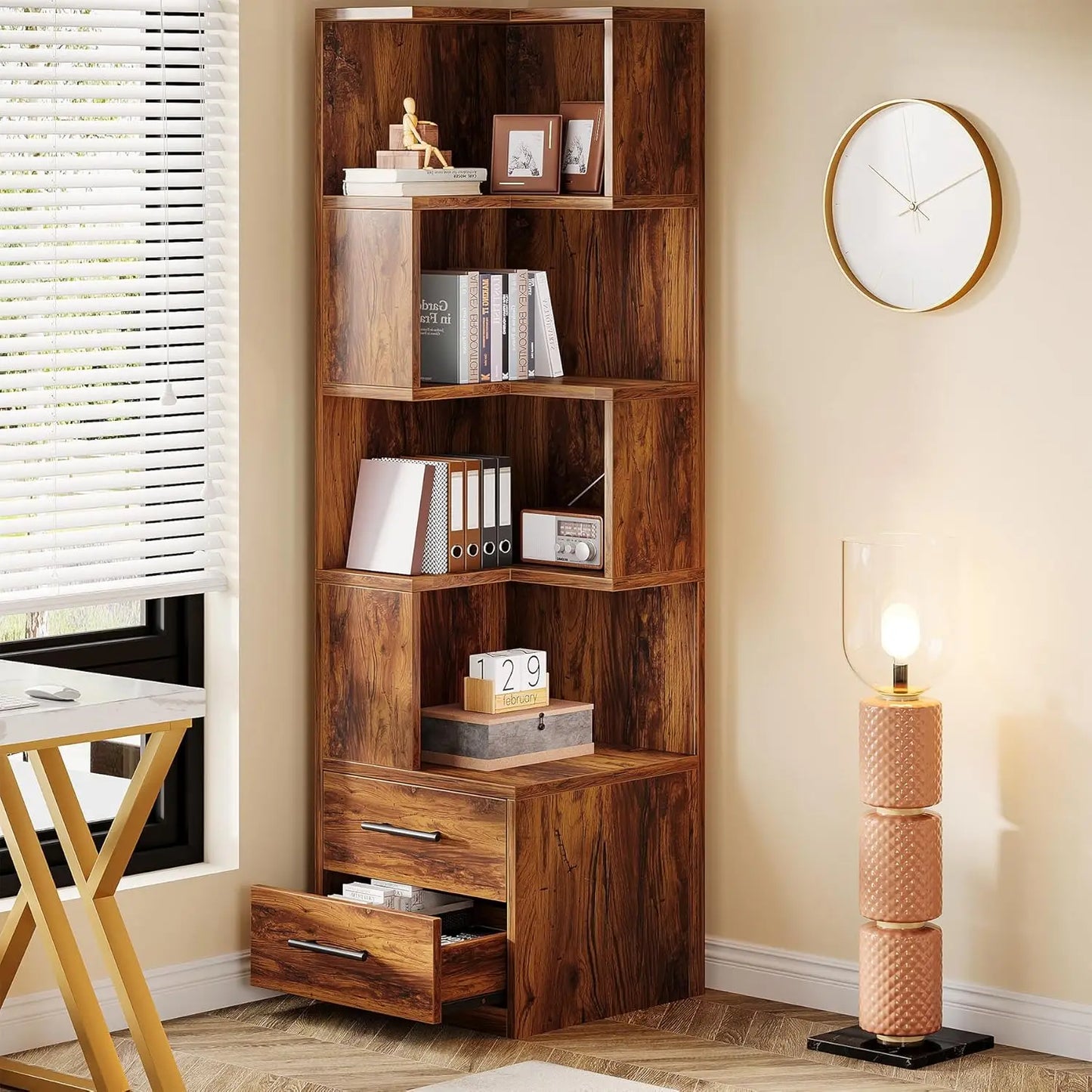 5-Tier Corner Bookshelf With 2 Drawers Mid-Century Modern Storage