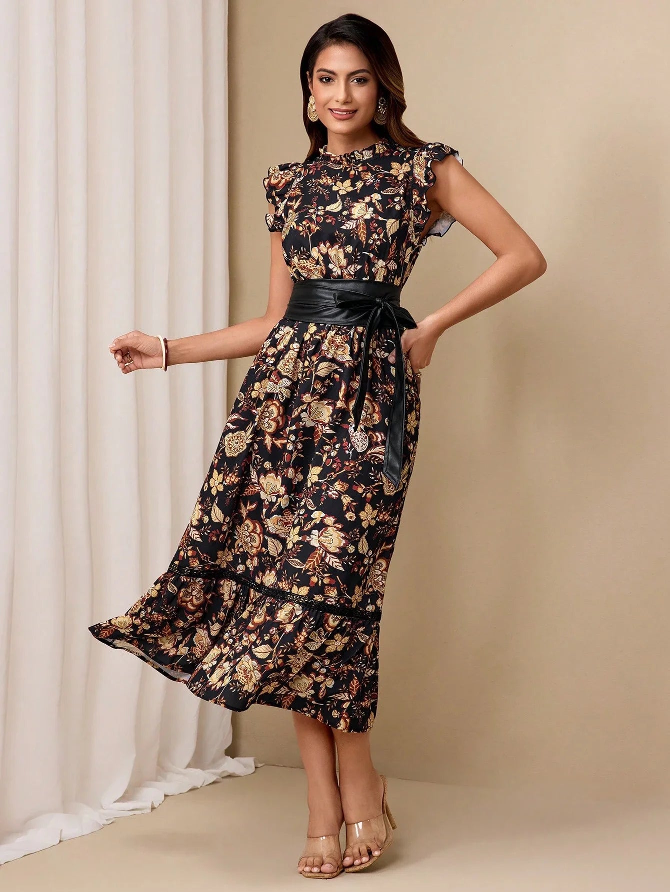 Elegant Floral Print Cinched Waist Midi Dress With Ruffle Sleeve